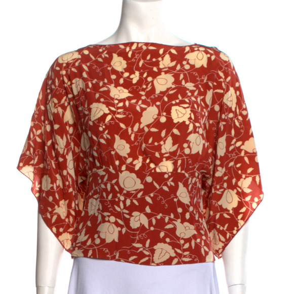 Anna Sui Copper/Cream Print Kimono-style 100% Silk Blouse - Picture 1 of 10